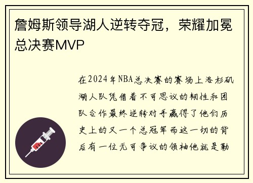 詹姆斯领导湖人逆转夺冠，荣耀加冕总决赛MVP