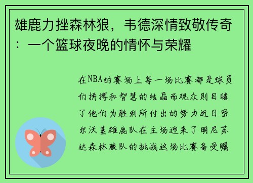 雄鹿力挫森林狼，韦德深情致敬传奇：一个篮球夜晚的情怀与荣耀